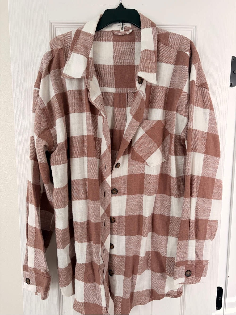Maurices Women’s Size L Plaid Button-Down Shirt in Cream & Brown, Tunic Length